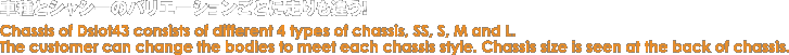 車種とシャシーのバリエーションごとに走りも違う!/
Chassis of Dslot43 consists of different 4 types of chassis, SS, S, M and L.
The customer can change the bodies to meet each chassis style. Chassis size is seen at the back of chassis.